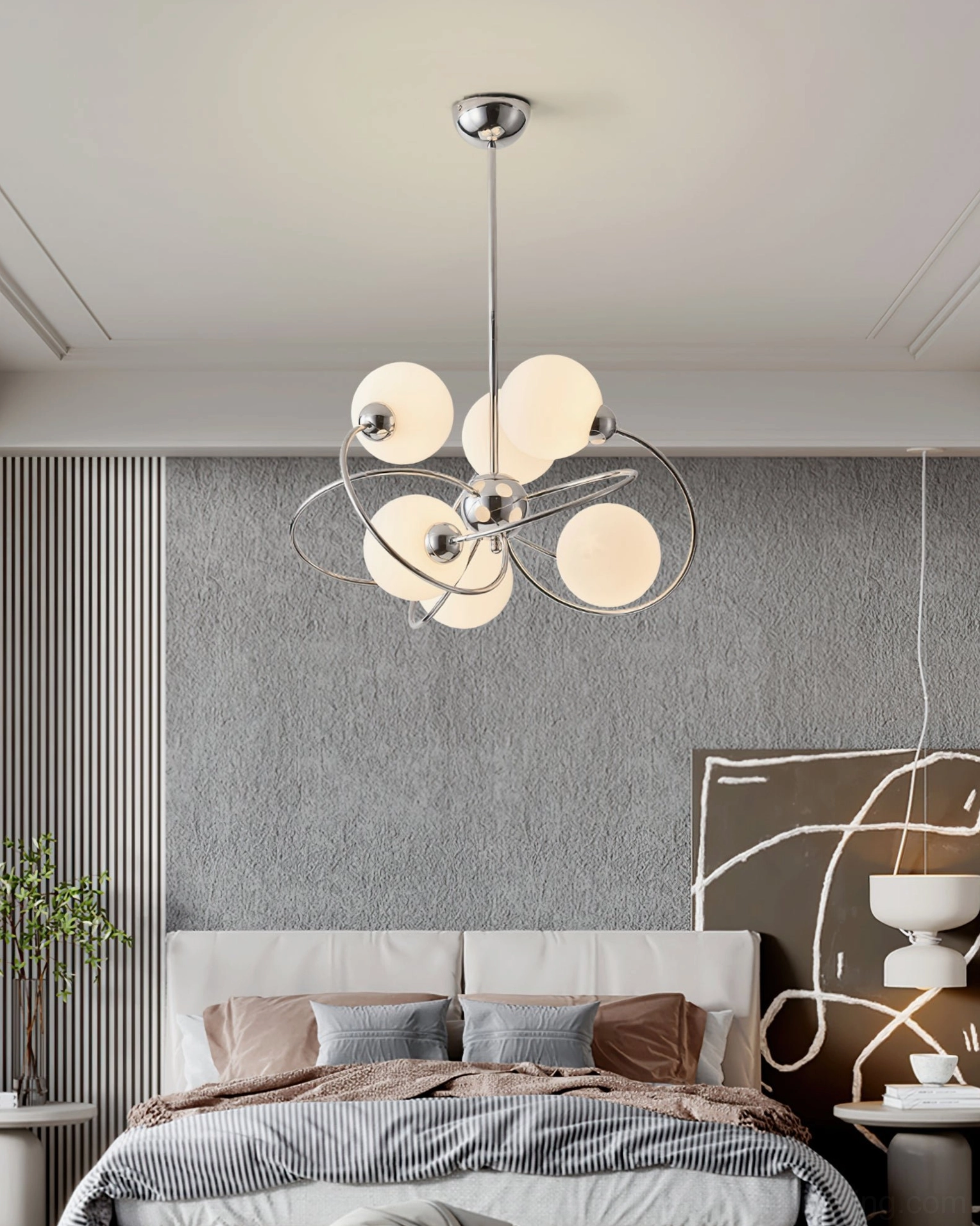 Mid-century sputnik light fixture bedroom gray accent wall warm neutral palette