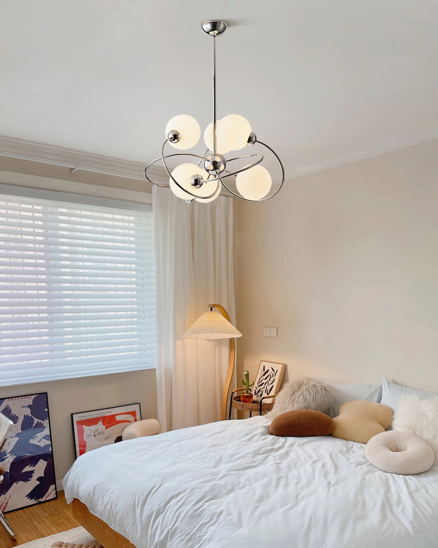 Mid-century sputnik chandelier bedroom interior natural daylight window