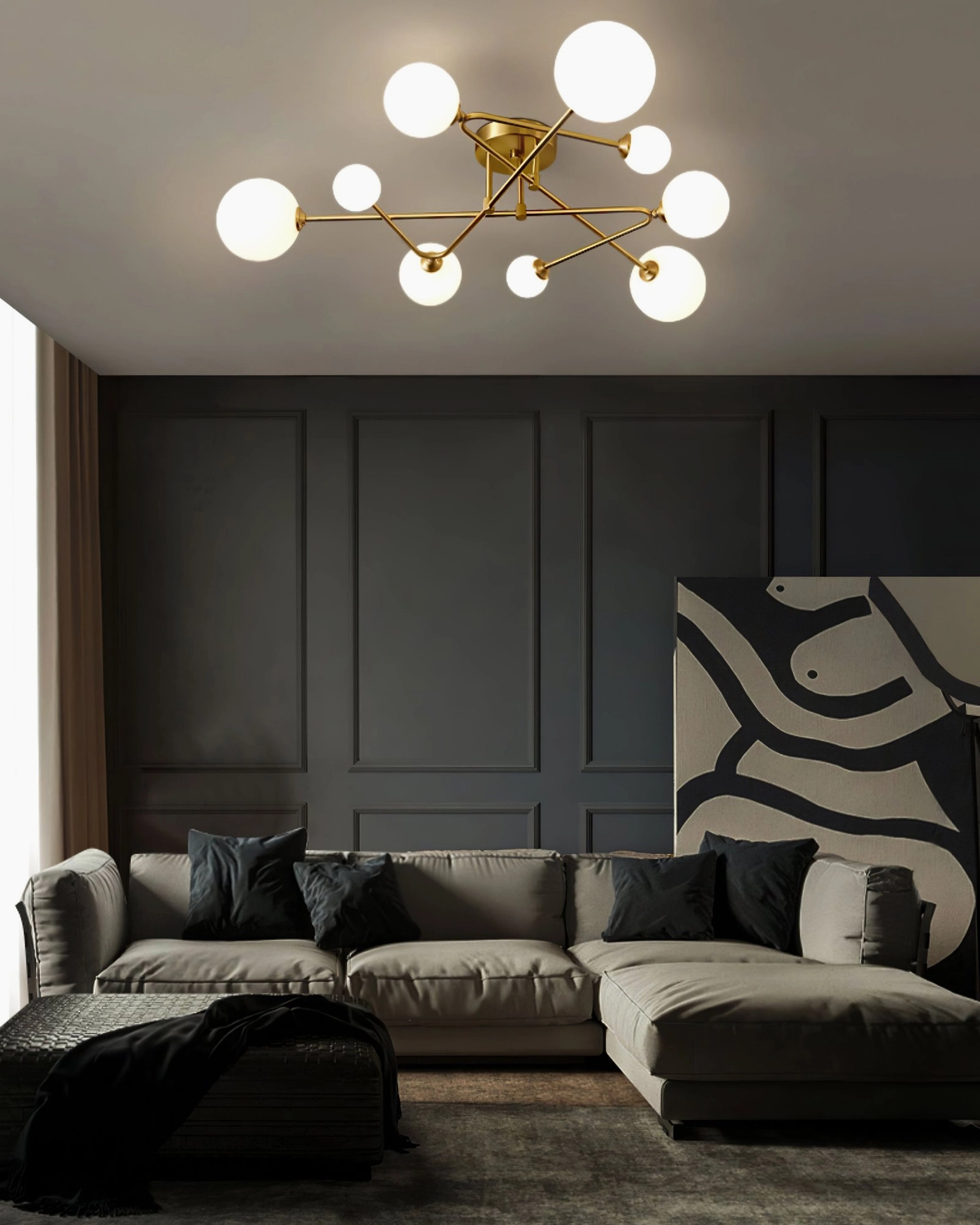 Multi-head sputnik ceiling lamp with brass frame and frosted glass globes in dark paneled modern living room