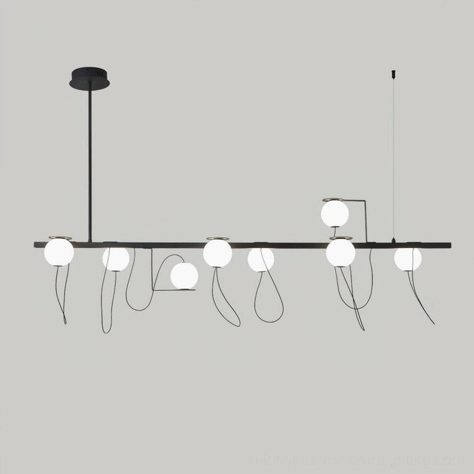 8-head square canopy magnetic bubble chandelier with warm white LED and linear suspension arrangement