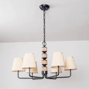 Stacey chandelier side overhead full view showing pleated shade construction with black hardware and stacked wooden accents