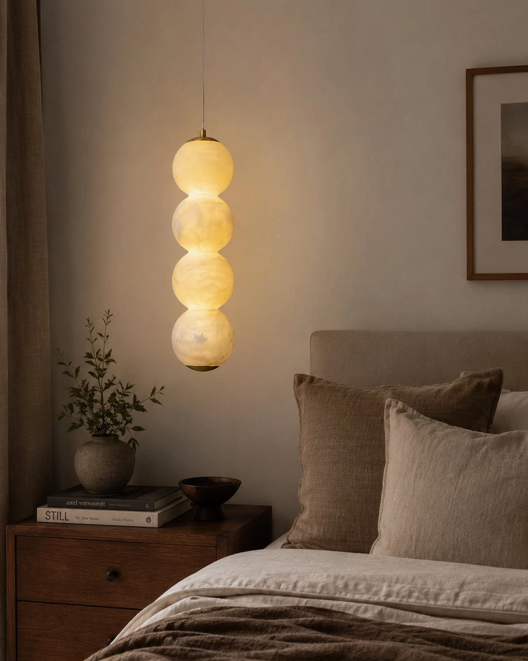 Stacked alabaster globe pendant bedside hanging warm ambient light cozy bedroom
