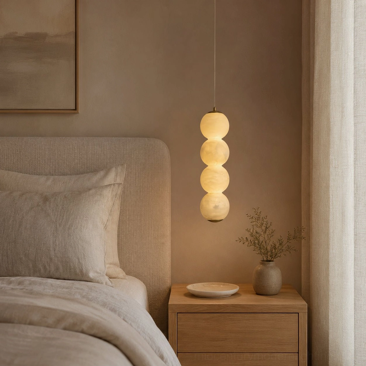 Architectural stacked alabaster sphere pendant with brass hardware side profile detail