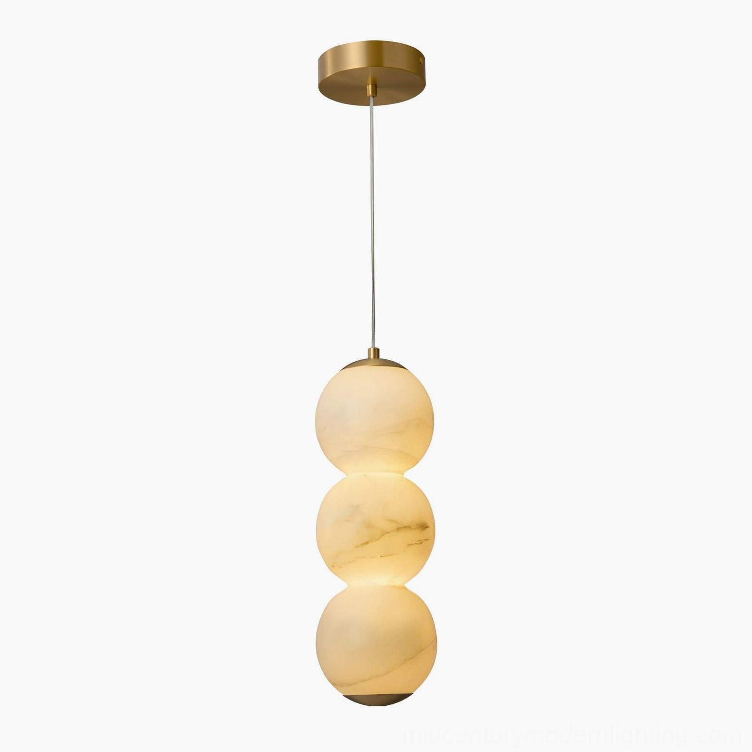 Stacked alabaster globe pendant light hanging suspension detail brass mounting