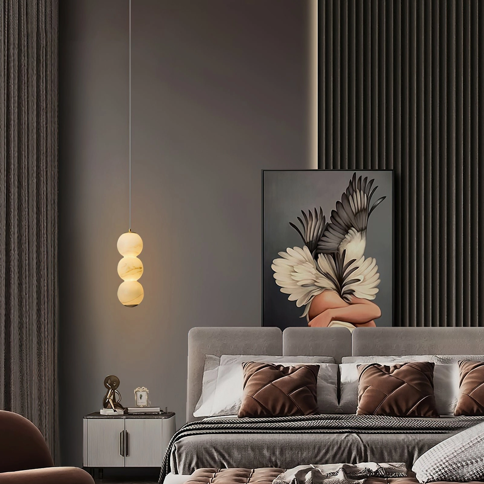 Modern stacked globe pendant light with natural alabaster stone veining detail view