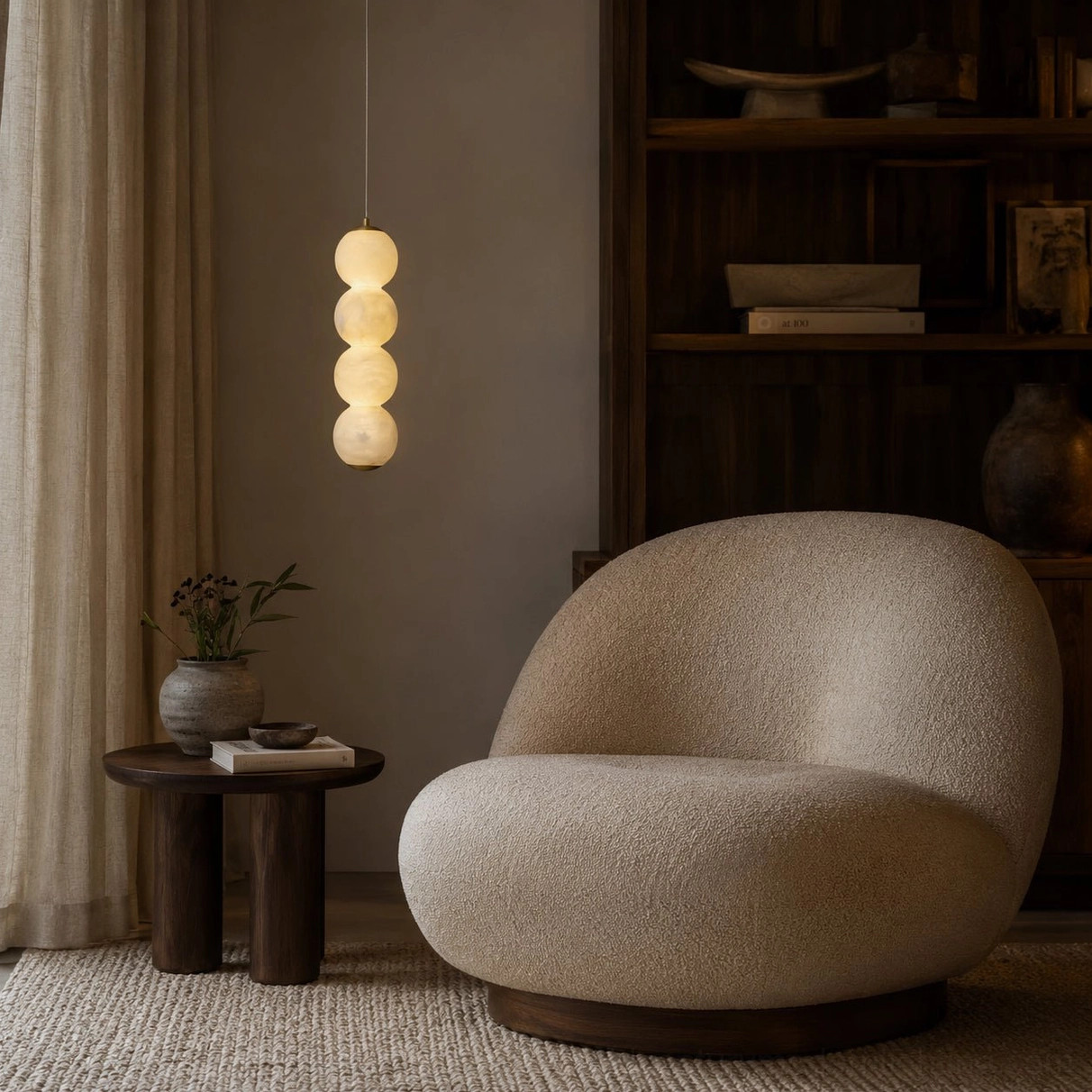 Sculptural stacked globe pendant suspended in wabi-sabi neutral interior lounge seating area
