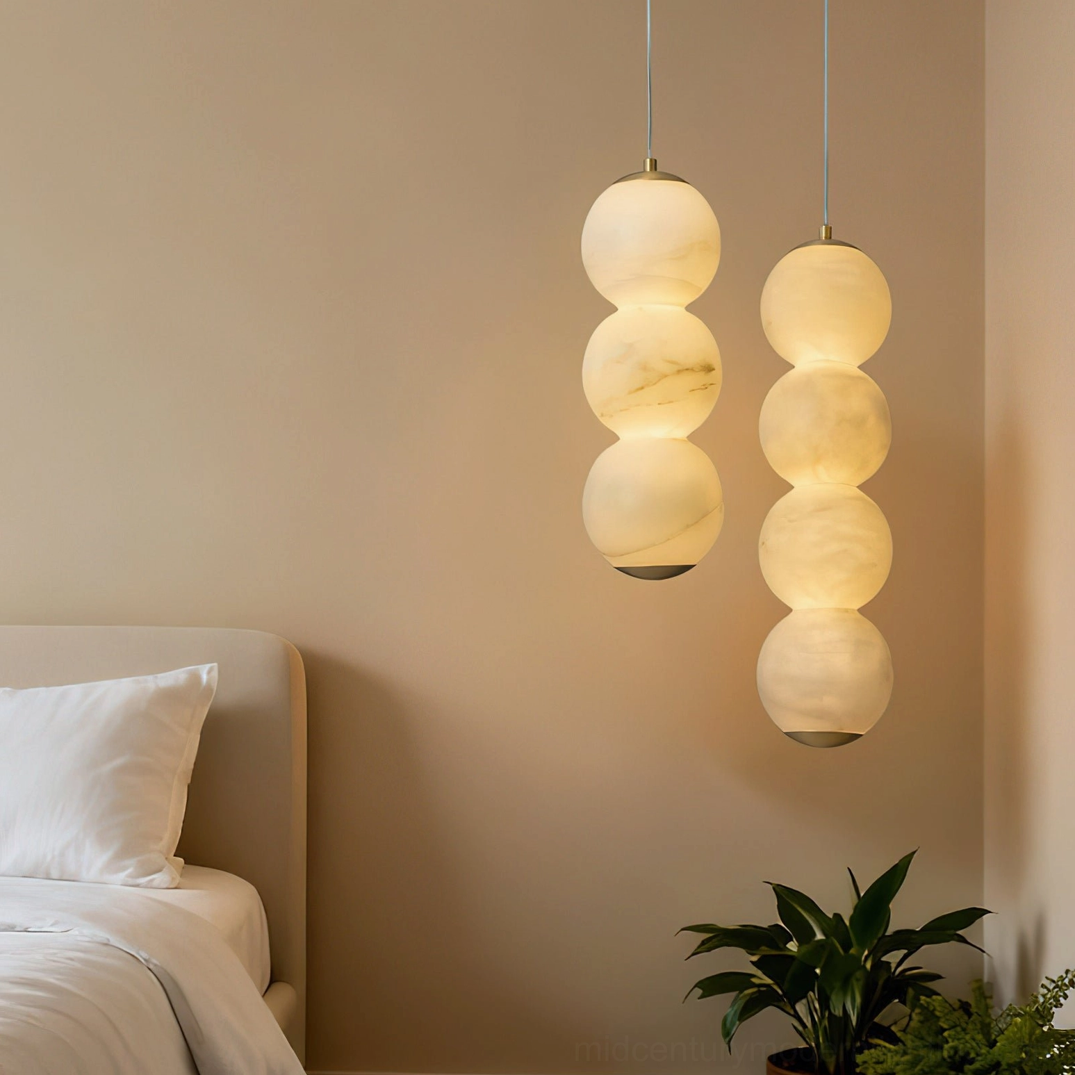 Stacked globe alabaster pendant warm light warm wood interior organic modern styling
