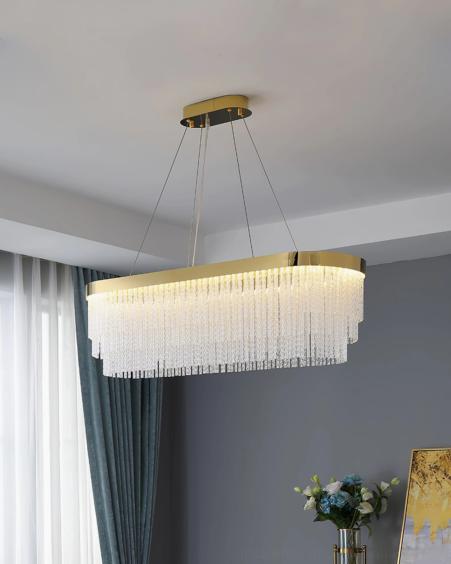 Crystal pendant chandelier with stacked tiered geometry and premium gold metal hardware