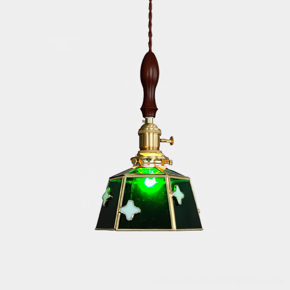 Stained glass pendant lamp—Model C with green and white glass in botanical-inspired color palette