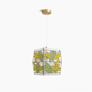 Seed Pendant Lamp with handcrafted stained glass in yellow and green, cube-shaped with brass frame on white background