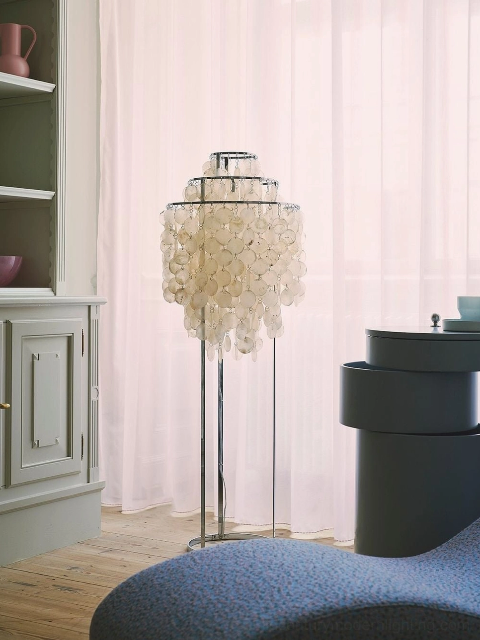 Mother of pearl shell floor lamp showing stainless steel durability and construction