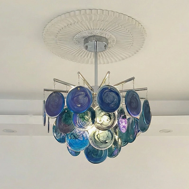 Standard 50cm blue marble-swirl glass sputnik chandelier with chrome frame