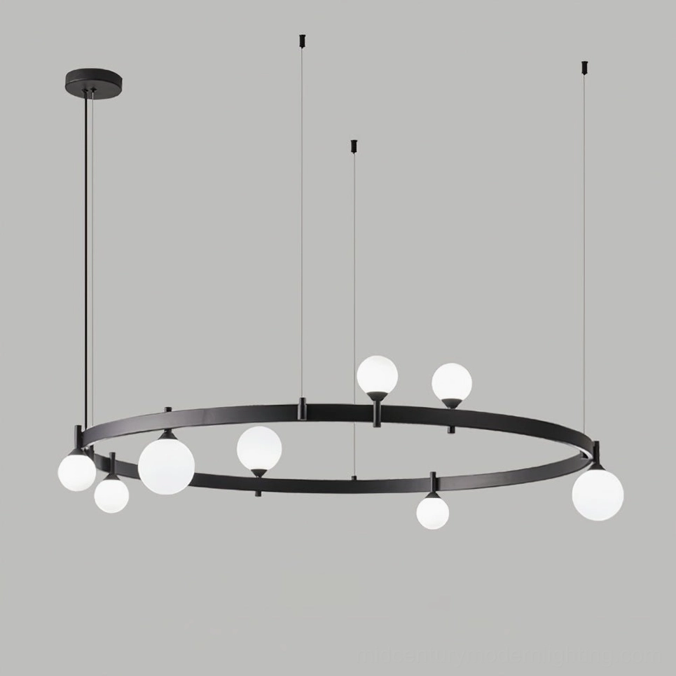 Eight-head Stant circular chandelier large-scale version showcasing expanded frosted globe configuration