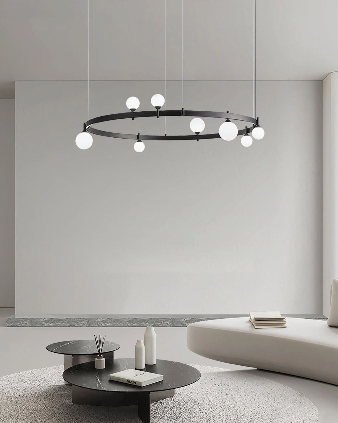Minimalist ring chandelier bright interior flat frontal view demonstrating monochrome neutral modern design aesthetic
