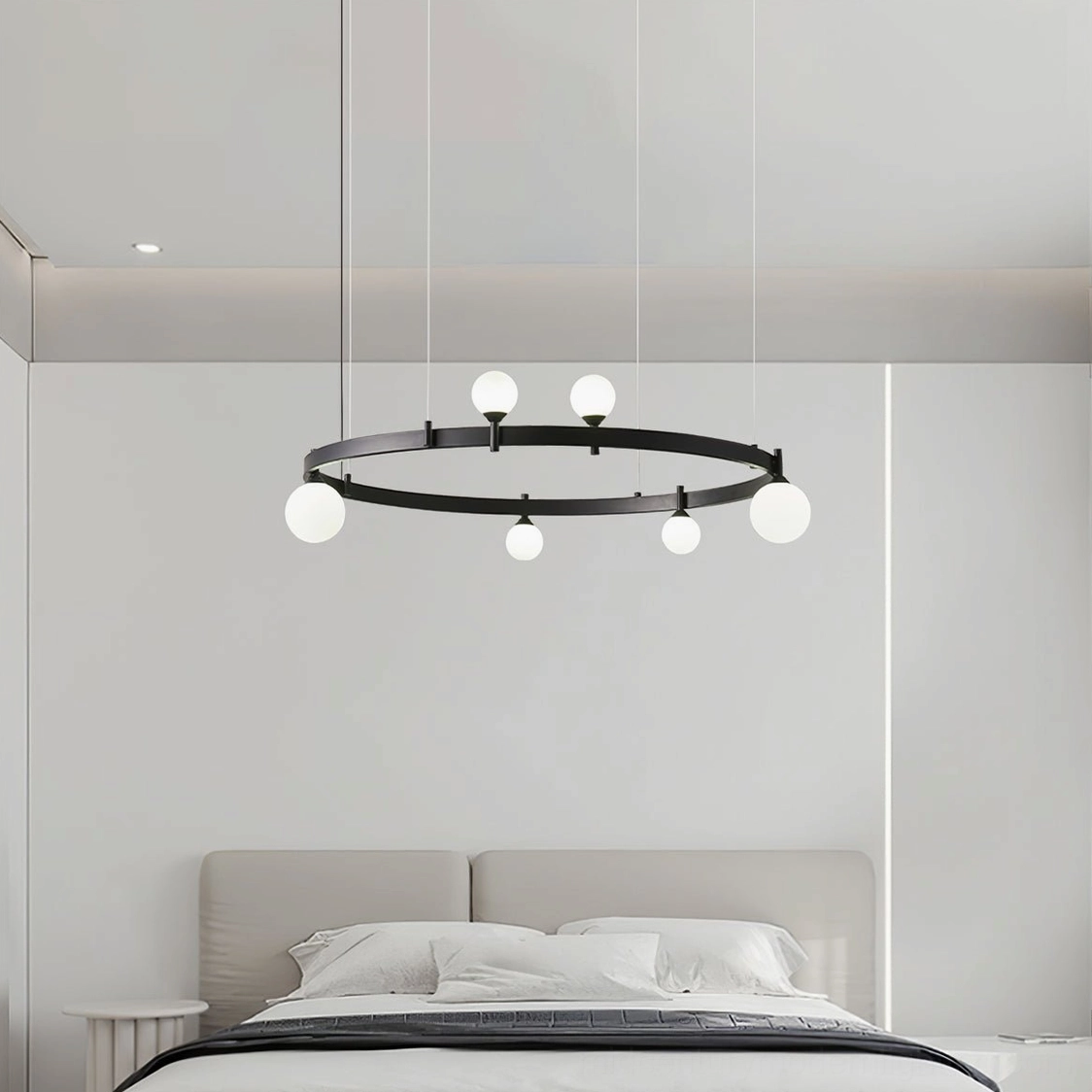 Product showcase of Stant circular chandelier featuring complete geometric ring structure and glass globe arrangement