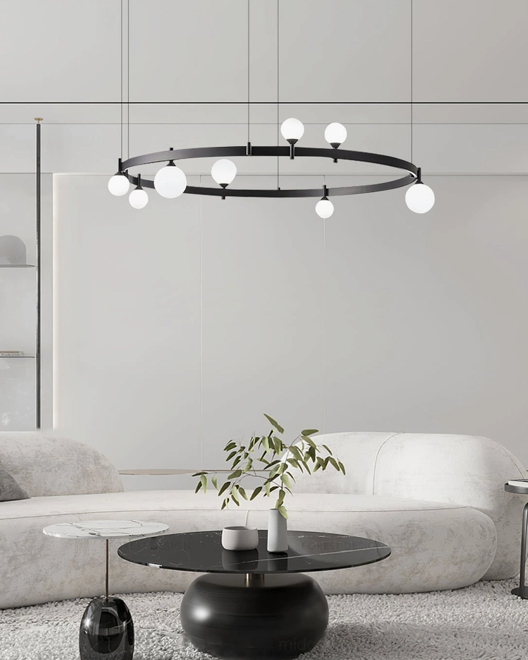 Modern circular orbital light frontal view in minimalist lounge with curved sofa and contemporary coffee table
