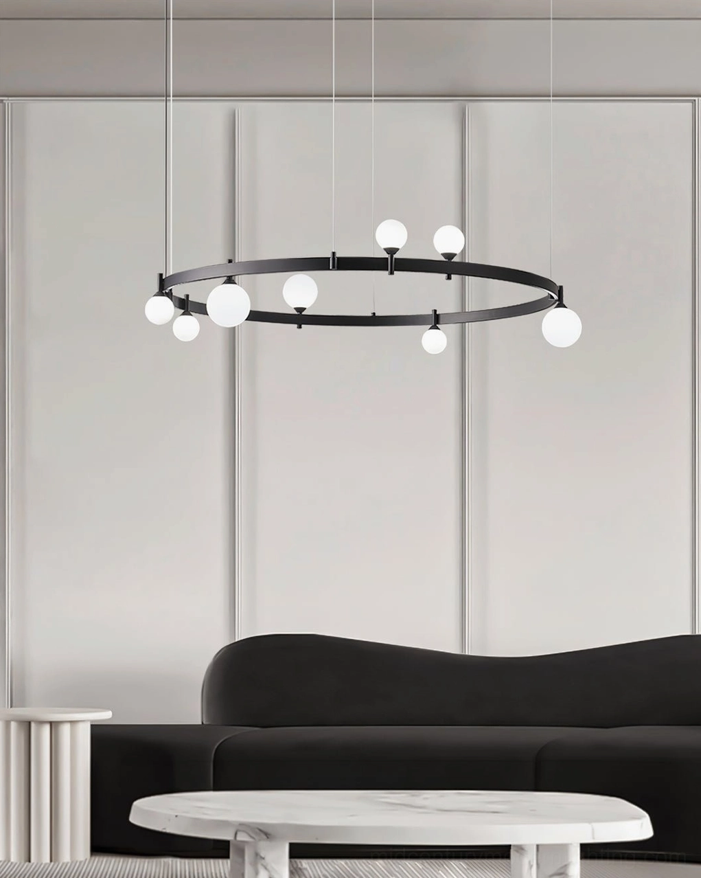 Black matte metal chandelier showing fine craftsmanship with frosted glass globe array in geometric pattern
