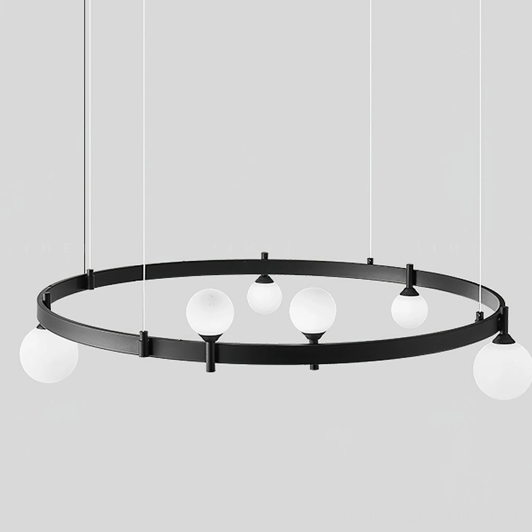 Modern mid-century inspired circular chandelier installation detail showing metal fasteners and assembly precision