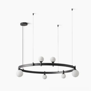 Stant circular chandelier overhead view showcasing frosted glass globe arrangement in perfect geometric ring formation