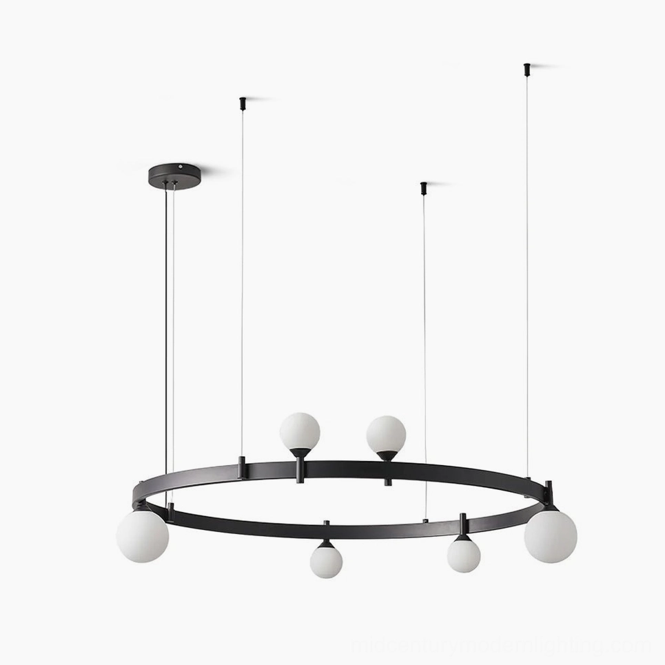 Stant circular chandelier overhead view showcasing frosted glass globe arrangement in perfect geometric ring formation