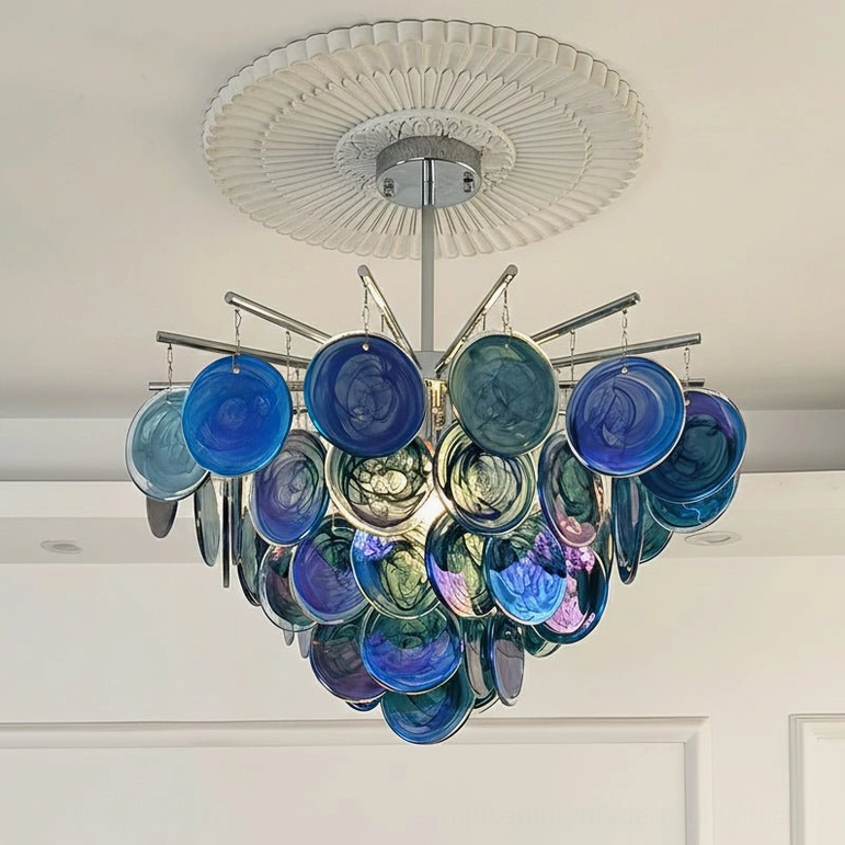 Statement 80cm blue marble-swirl glass sputnik chandelier close-up of cascading layers