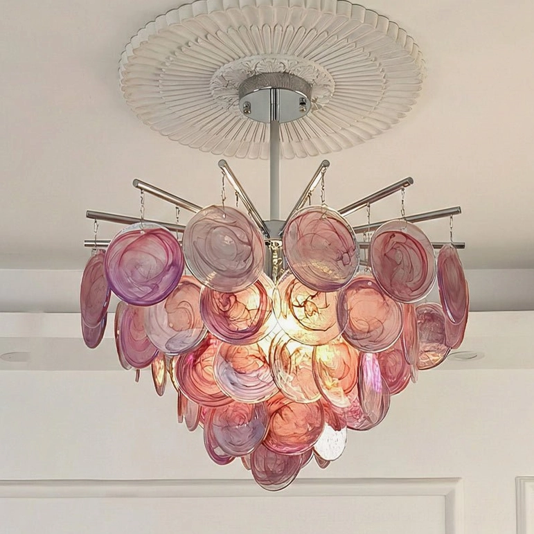 Statement 80cm pink marble-swirl glass sputnik chandelier overhead view showing radiating frame