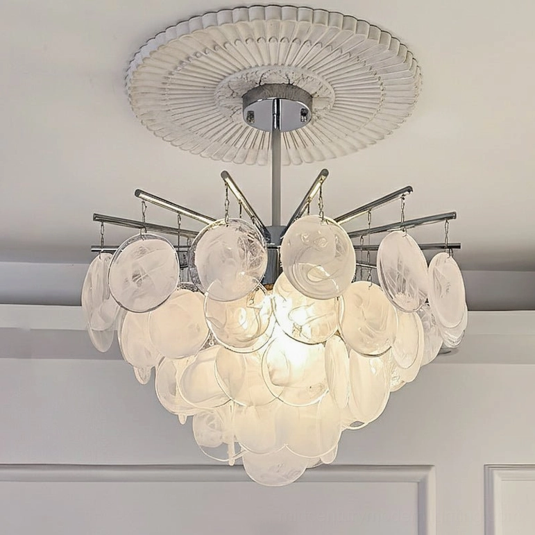 Statement 80cm white luminous glass sputnik chandelier showing glass disc detail and chrome frame