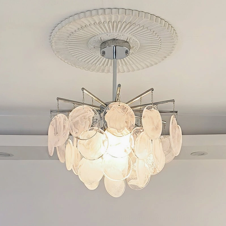 Statement 80cm pink marble-swirl glass sputnik chandelier with cascading discs and chrome frame