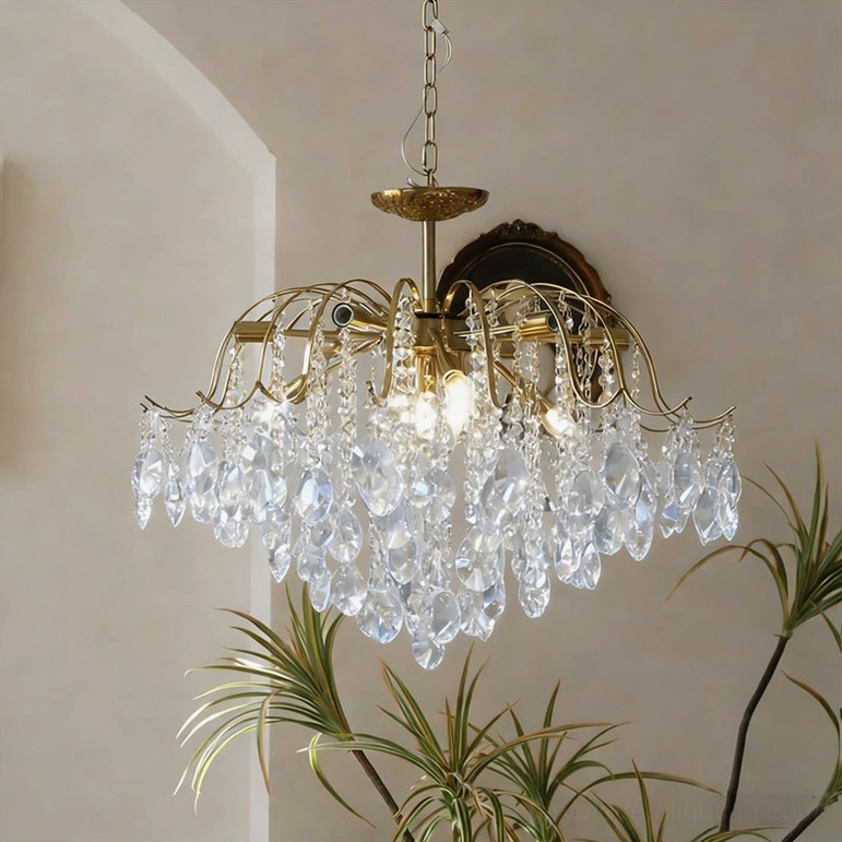 Statement size clear crystal chandelier with gold brass frame, multiple crystal layers, grand foyer scale fixture