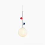 Stax modern pendant lamp with white frosted acrylic shade and colorful blue red accent details, minimalist design front view