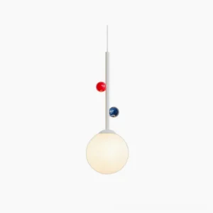 Stax modern pendant lamp with white frosted acrylic shade and colorful blue red accent details, minimalist design front view