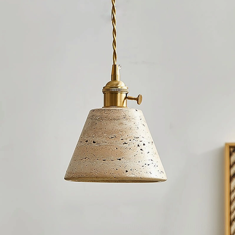 Stella Model A travertine pendant light, compact conical design with warm brass hardware and natural stone finish
