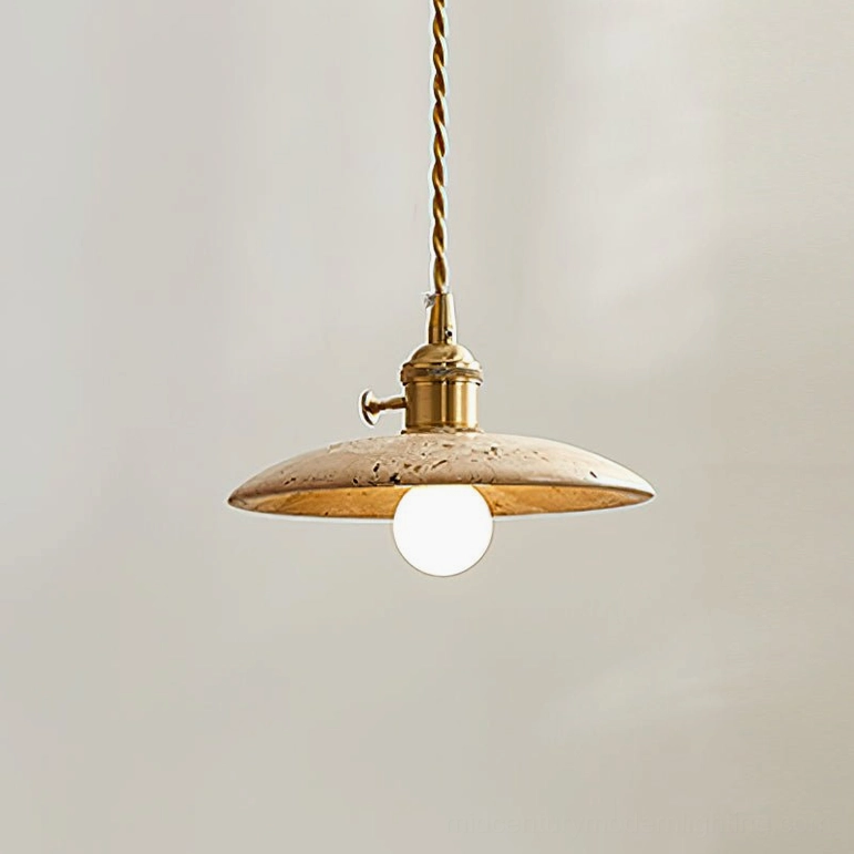 Stella Model B travertine pendant light, larger diameter design with brass accents, perfect for dining areas and kitchen islands