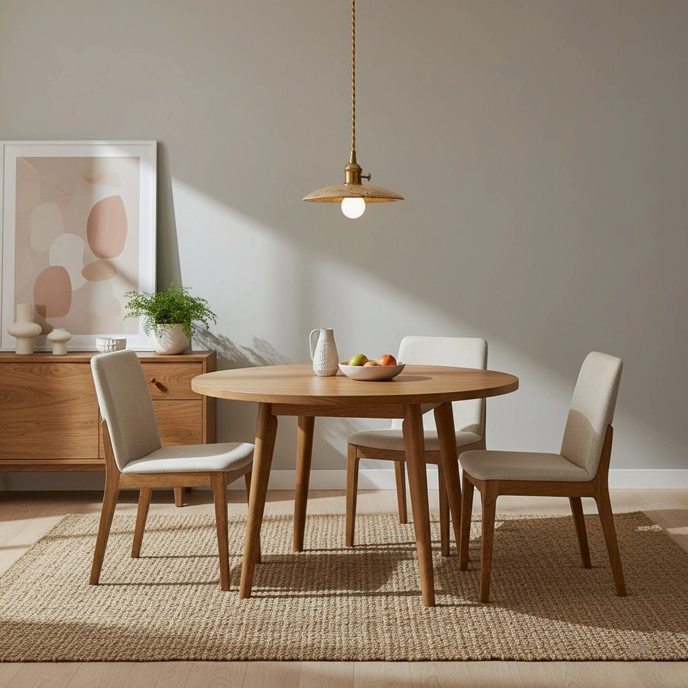 Stella pendant lighting above modern dining room table with wooden furniture and warm neutral home decor palette