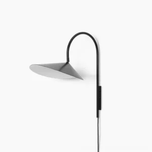 Stella minimalist black metal wall lamp with plug-in cord, front product view on white background