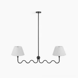 Stella Wave 2-light wavy chandelier with white pleated shades, front view on white background