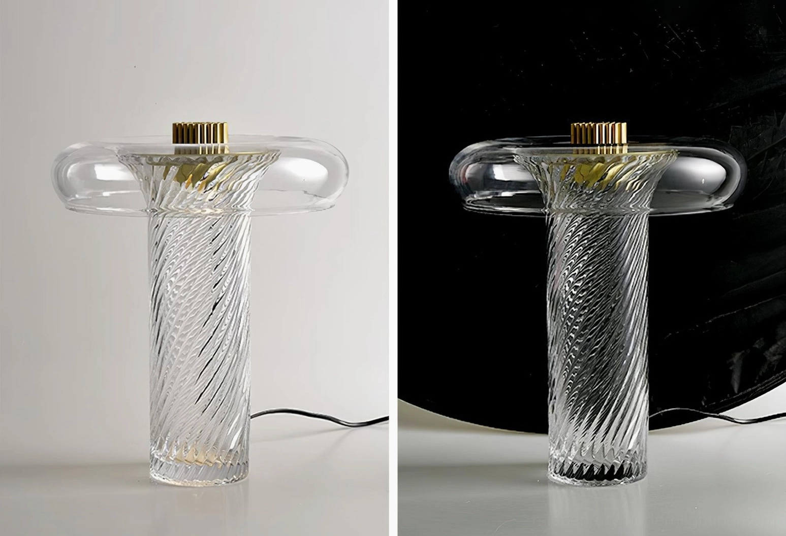 Stellar table lamp on reflective white tabletop, showcasing wide glass body and integrated LED light