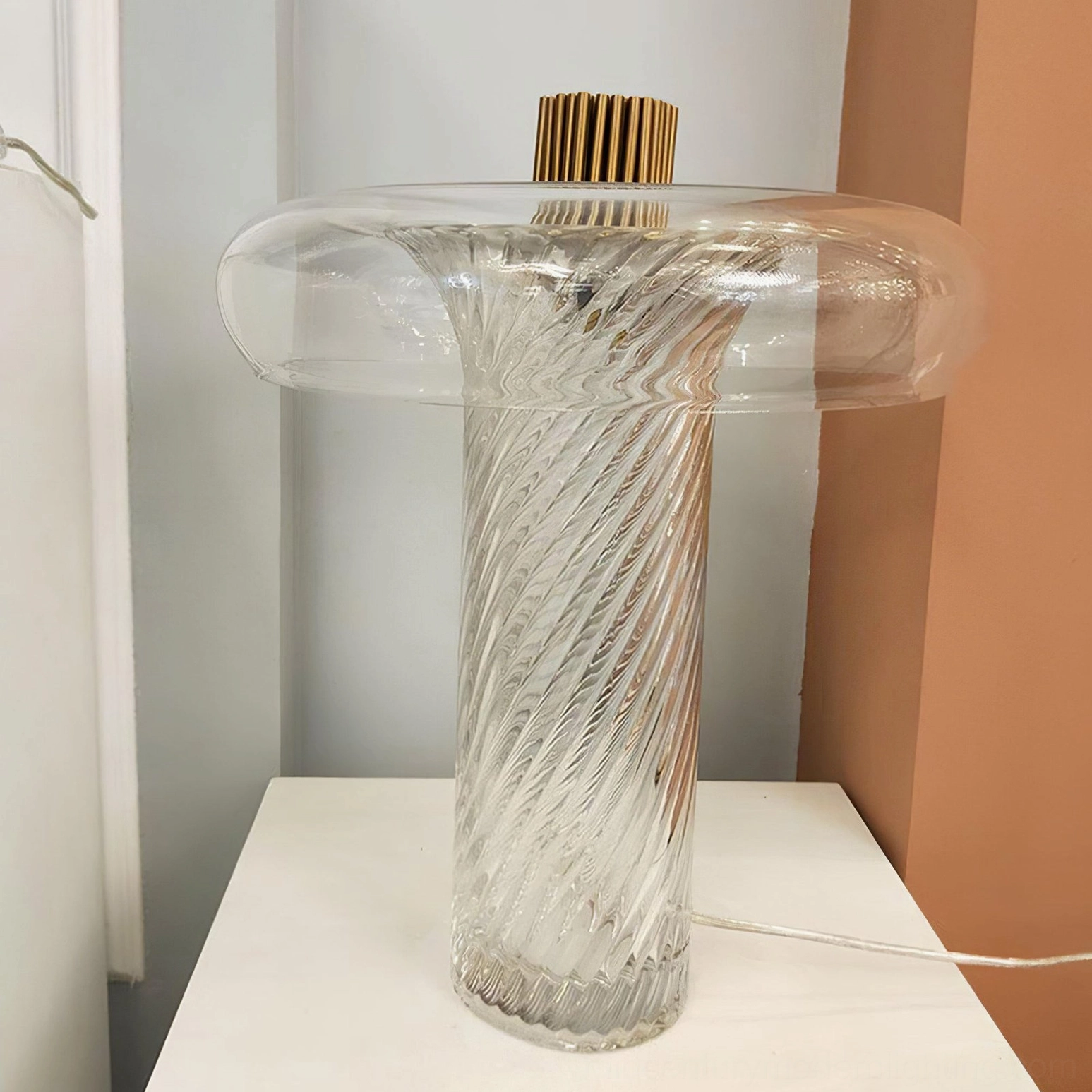 Two Stellar vintage glass table lamps comparison, left clear glass and right smoked clear glass finish options