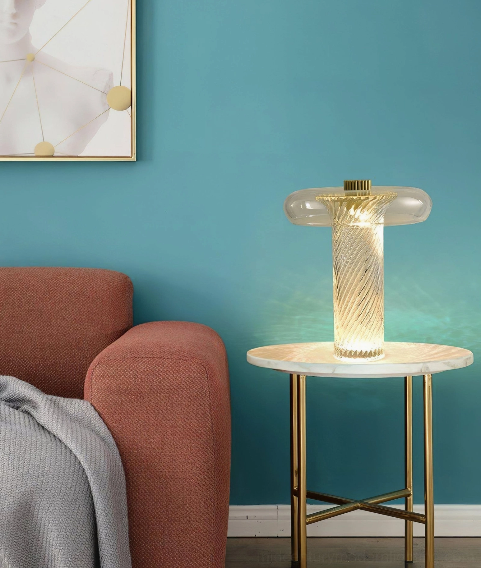 Stellar vintage glass table lamp with warm LED glow on modern living room side table with gold metal furniture