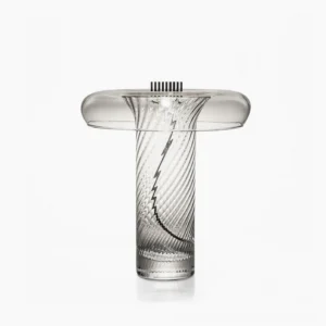 Stellar vintage glass table lamp with integrated LED, featuring ribbed glass body and brass hardware, front view on minimalist white surface