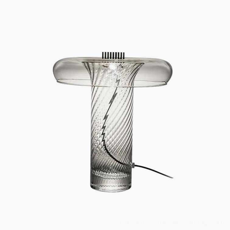 Stellar vintage glass table lamp product shot, 35cm diameter x 41cm height, clear glass with brass top and integrated LED