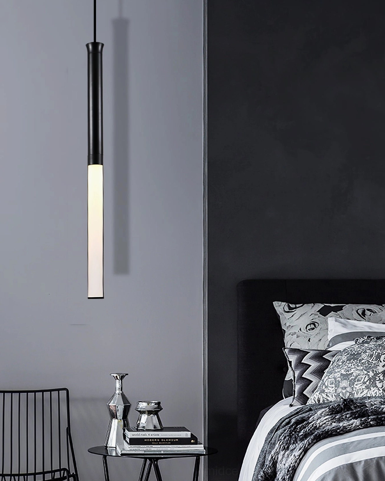 Single Stick LED pendant mounted on gray accent wall in modern minimalist bedroom interior