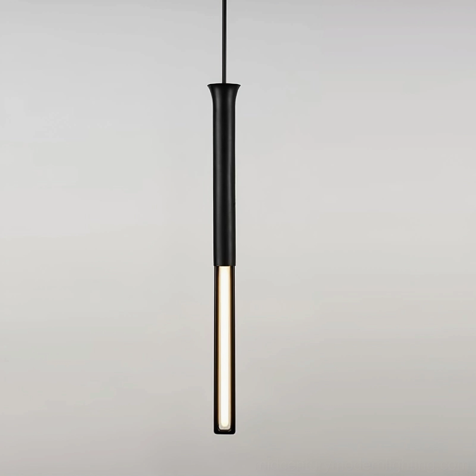 Direct front view of Stick LED cylindrical pendant light showing frosted white diffuser and black upper section