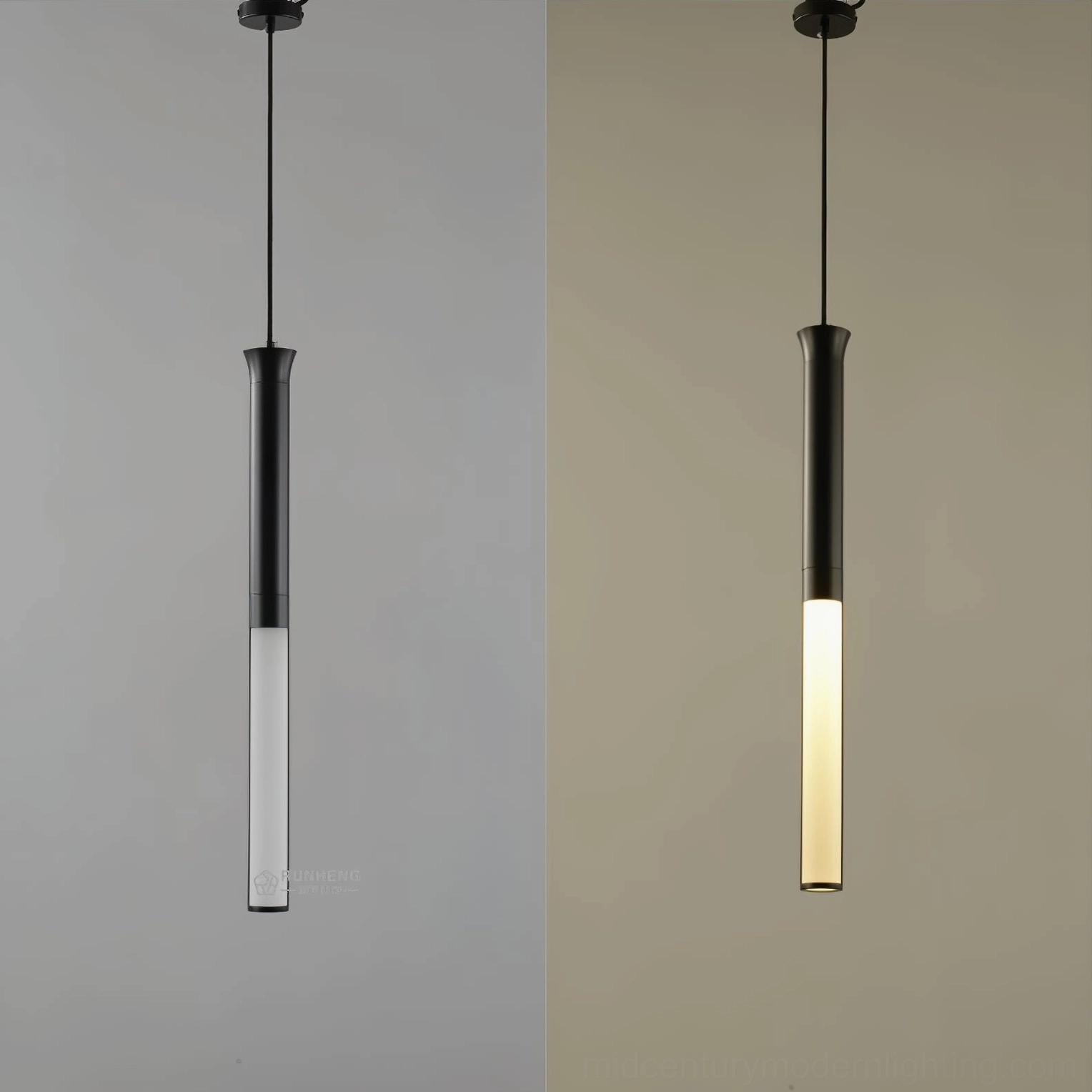 Stick LED pendant light suspension view showing black metal canopy and 150cm cord installation