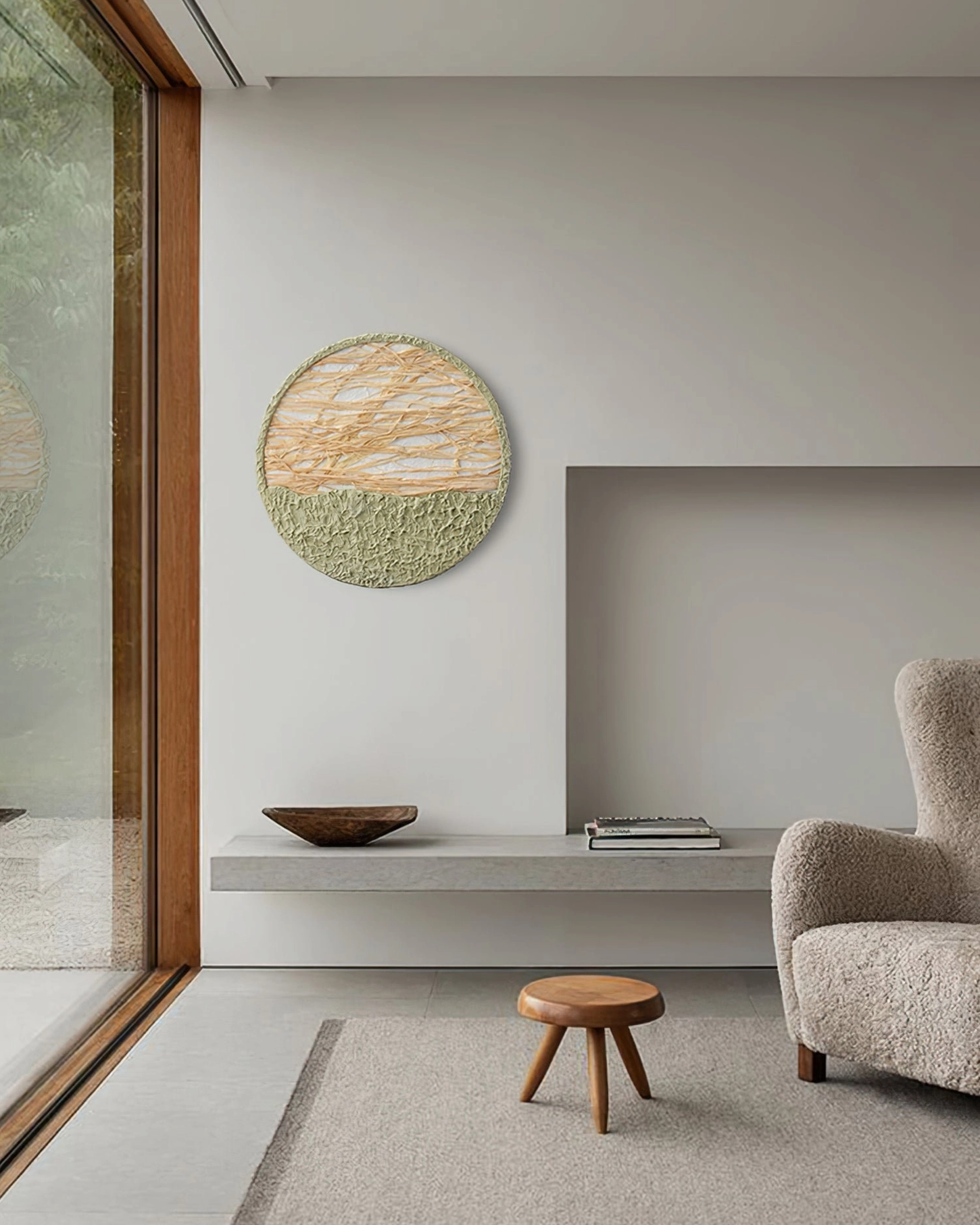 Single straw wall lamp mounted in living room with fireplace niche, fabric armchair, and wooden stool styling