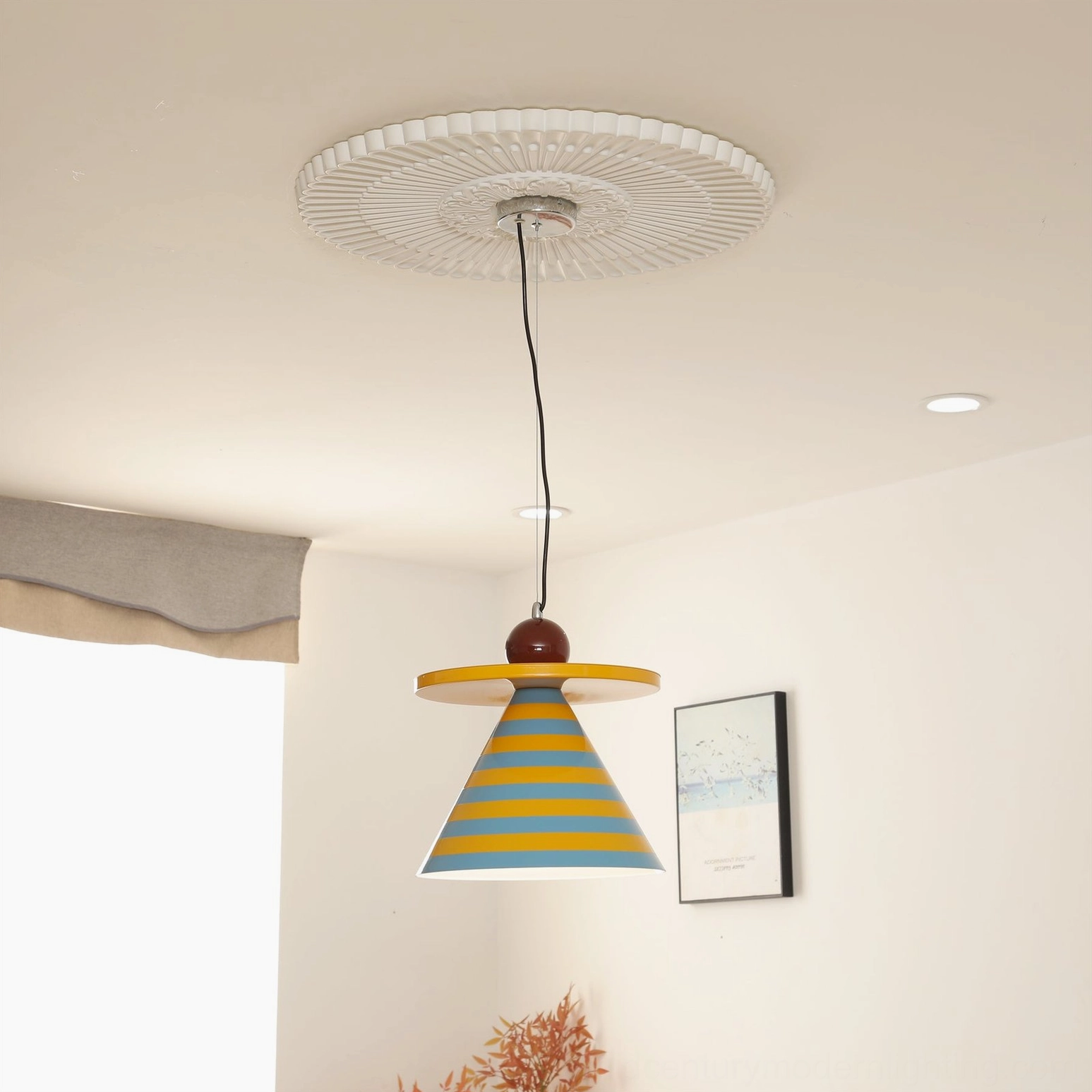 Veepee striped pendant lamp in furnished living room setting casting warm ambient light with cozy home decor aesthetic