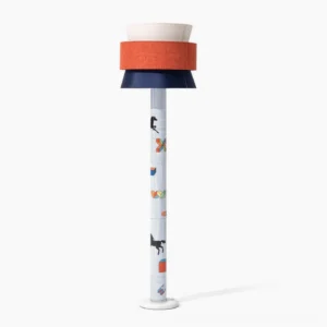 Striped Pony Floor Lamp with blue and orange layered linen shade and printed equine pole on marble base, front studio view