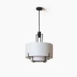 Strum double-layer pendant light with black metal frame and white fabric shade, front view showing geometric contemporary design