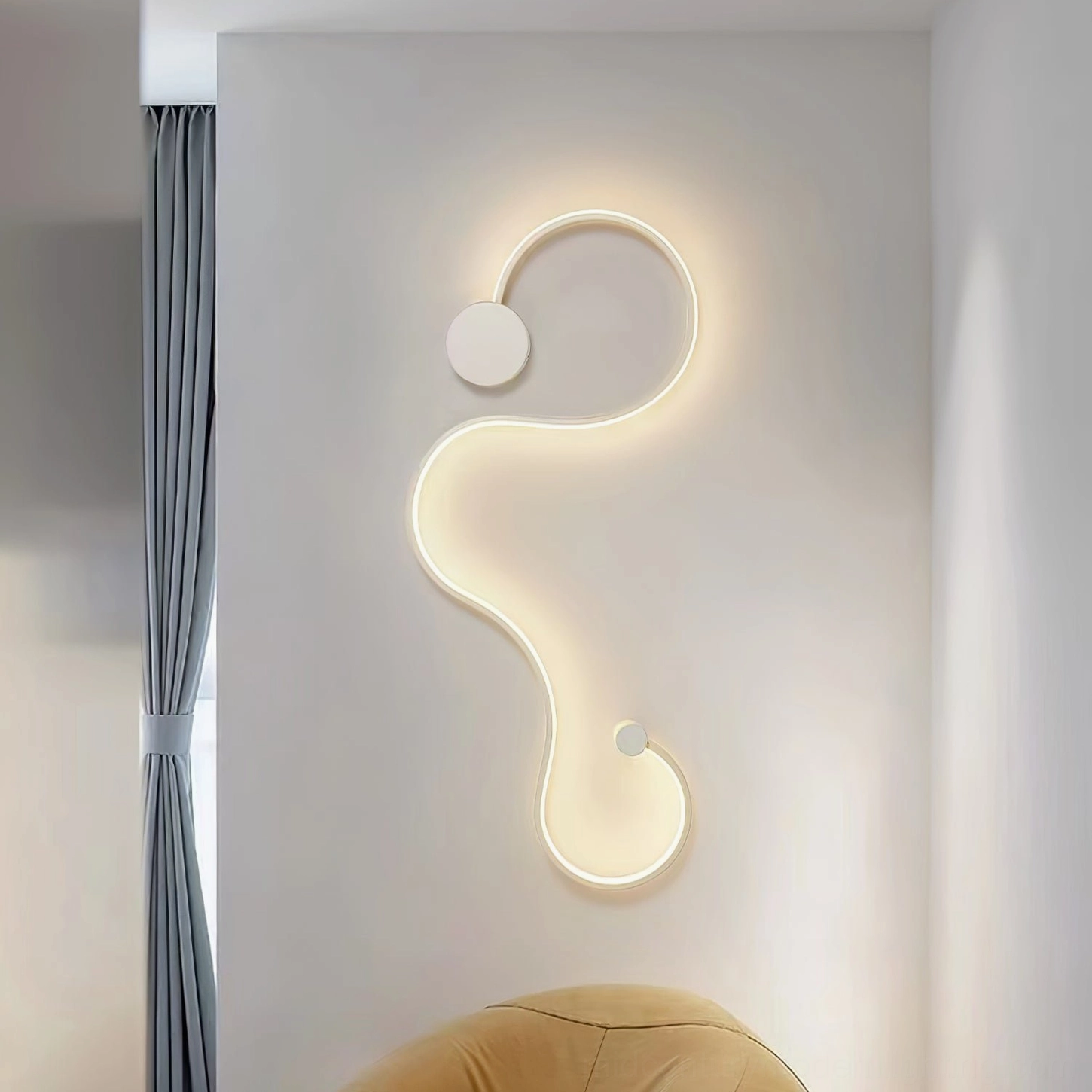 Style B snake wall lamp mounted above furniture showing warm and cool light options
