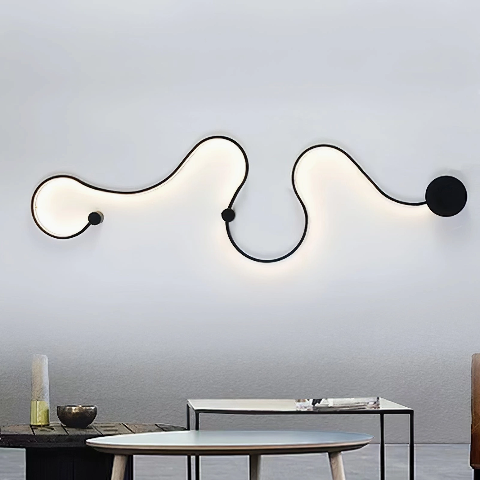 Style D extra-wide snake wall lamp with extended horizontal sculptural form in black finish